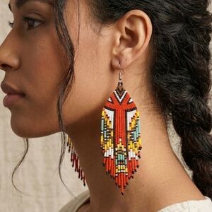 Boho Beaded Fringe Earrings Red Southwest Style